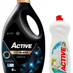 Detergent lichid pentru rufe negre sau de culoare inchisa Active, 6 litri, 120 spalari + Detergent de vase lichid Active, 1 litru, cocos