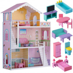 Jucarie Casuta de Papusi mare din Lemn, pentru copii, cu 3 etaje, Terasa si Mobilier, 110cm, roz foto