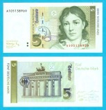 Germania RFG (pick 37) 5 Deutsche Mark 1991 UNC-; Seria: Personalități; Bettina von Arnim