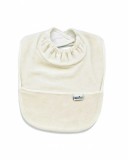 Baveta BabyJem Velvet cu buzunar, din bumbac, Culoare Ecru, pentru bebelusi 6 luni+, Dimensiuni 30x22 cm