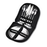 Set tacamuri si farfurii pentru picnic, 10 piese, otel inoxidabil, husa neagra, usor de curatat, piesele fiind lavabile si durabile, Oem