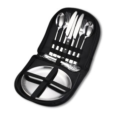 Set tacamuri si farfurii pentru picnic, 10 piese, otel inoxidabil, husa neagra, usor de curatat, piesele fiind lavabile si durabile