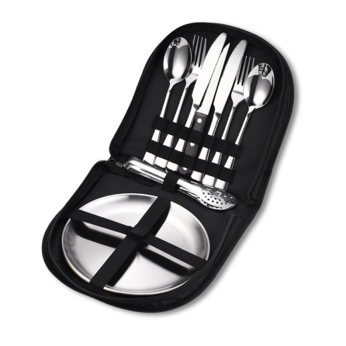 Set tacamuri si farfurii pentru picnic, 10 piese, otel inoxidabil, husa neagra, usor de curatat, piesele fiind lavabile si durabile