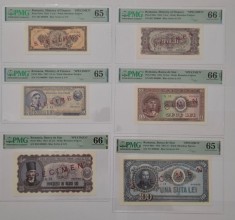 Set bancnote anul 1952 SPECIMEN, UNC, gradate PMG 65-66 EPQ - raritate (1 leu 1952, 3 lei 1952, 5 lei 1952, 10 lei 1952, 25 lei 1952, 100 lei 1952)