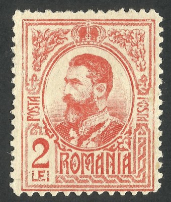 EROARE ROMANIA 1908-Lp 66h - CAROL I Gravate - 2 lei - MLH - ,,LEI&amp;#039;&amp;#039; LITERE ALBE foto