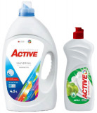 Cumpara ieftin Detergent lichid Universal pentru rufe Active, 4.5 litri, 90 spalari + Detergent de vase lichid Active, 0.5 litri, mar