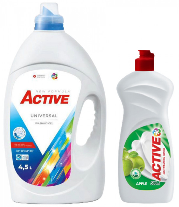 Detergent lichid Universal pentru rufe Active, 4.5 litri, 90 spalari + Detergent de vase lichid Active, 0.5 litri, mar