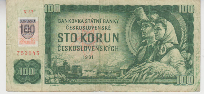 M1 - Bancnota foarte veche - Cehoslovacia - 100 coroane abtibild Slovacia - 1961