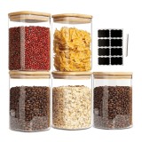 Set de 5 recipiente pătrate din sticlă borosilicată, cu capace bambus Koken, depozitarea alimentelor - 5 Recipiente 1.2L