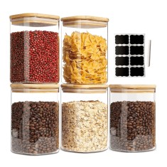 Set de 5 recipiente pătrate din sticlă borosilicată, cu capace bambus Koken, depozitarea alimentelor - 5 Recipiente 1.2L