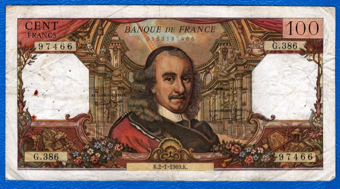 (15) BANCNOTA FRANTA - 100 FRANCS 1969 (02.01.1969), PORTRET PIERRE CORNEILLE