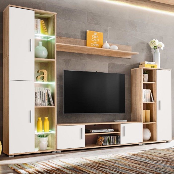 vidaXL Mobilă de perete cu spațiu TV, iluminare LED, stejar sonoma