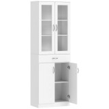 HOMCOM Dulap de Bucătărie &Icirc;nalt 180 cm cu Uși din Sticlă Soft-Close, Sertar și 2 Dulapuri, Polițe Reglabile, Alb | Aosom Romania