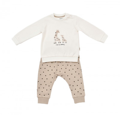 Set bluzita cu maneca lunga si pantaloni lungi cu buline Girafa, BabyCosy, 100% bumbac organic, Ecru (Marime: 9-12 luni) foto