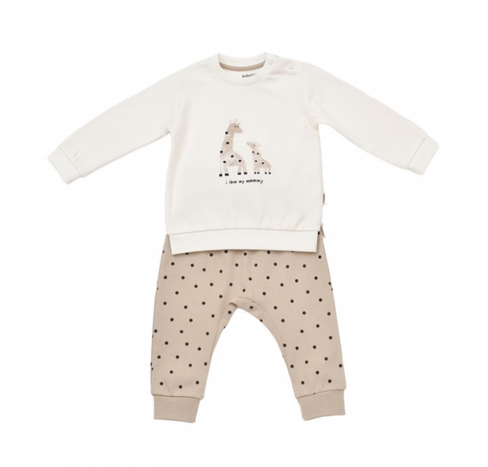 Set bluzita cu maneca lunga si pantaloni lungi cu buline Girafa, BabyCosy, 100% bumbac organic, Ecru (Marime: 18-24 Luni)