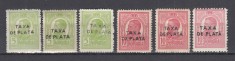 ROMANIA 1918 CAROL I TIPOGRAFIATE CU SUPRATIPAR TAXA DE PLATA SERIE CU VARIETATE CULOARE DANTELURA+10 BANI HARTIE GROASA SERIE SARNIERA
