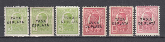 ROMANIA 1918 CAROL I TIPOGRAFIATE CU SUPRATIPAR TAXA DE PLATA SERIE CU VARIETATE CULOARE DANTELURA+10 BANI HARTIE GROASA SERIE SARNIERA
