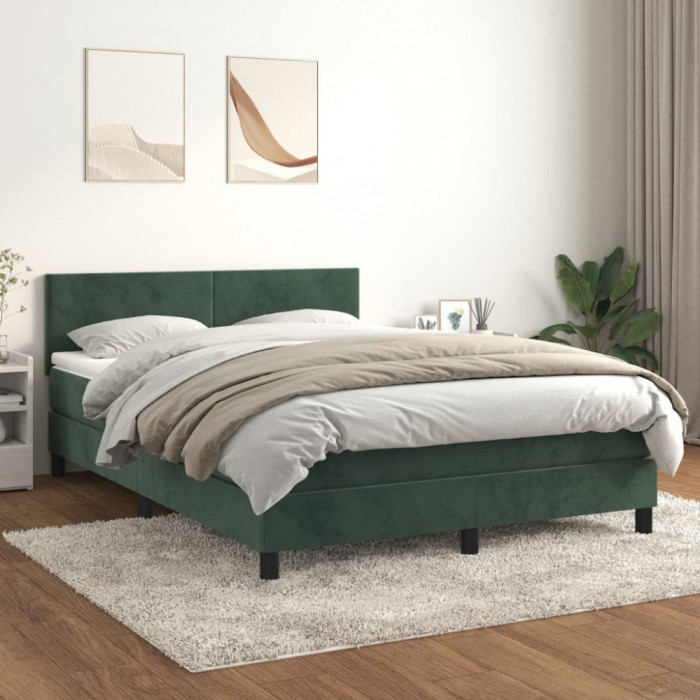 Pat box spring cu saltea, verde &icirc;nchis, 140x200 cm, catifea GartenMobel Dekor