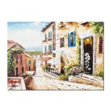 Tablou peisaj citadin mediteranean pictat manual, Tihna, 70x50cm ulei pe panza in cutit efect 3D