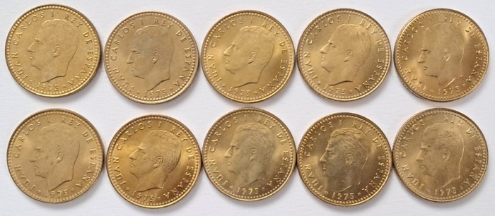 Spania, 1 Pesetas 1975, Juan Carlos I, Lot 10 monede, necirculate