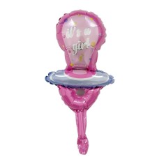 Balon din folie metalizata, flippy, mini figurina, model suzeta, tematica gender reveal, 23x50 cm, ambalaj individual, pai inclus, umflare cu aer sau