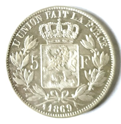 BELGIA 5 FRANCI 1869 FARA PUNCT DUPA F (5F) ARGINT AUNC UNC foto