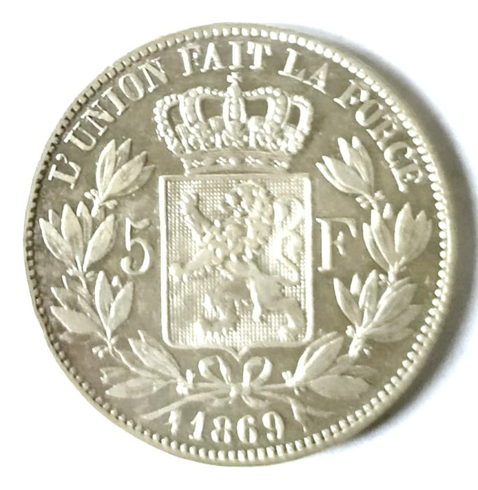 BELGIA 5 FRANCI 1869 FARA PUNCT DUPA F (5F) ARGINT AUNC UNC