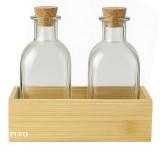 Set 2 Sticle Pufo cu Dop de Pluta si Suport din Bambus &ndash; Pentru Ulei, Otet, Dressinguri, Sosuri, Condimente &ndash; 4 x 250 ml