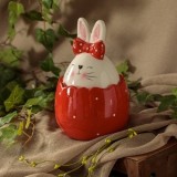 Recipient Ceramic pentru Biscuiți, Formă Ou, Roșu cu Buline Albe, Capac cu Iepuraș, &Oslash;14x24cm, CMCLASS
