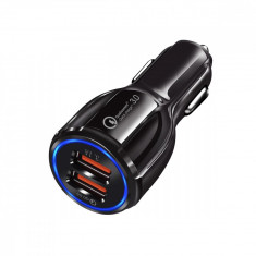 Incarcator auto telefon mobil, dual USB 5V 3.1A - 6A, 30W, Incarca Rapid, LED, Quick Charge 3.0, 5 tipuri de protectii, Negru