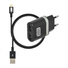 Incarcator priza retea, cu iesire 2x USB,iesire 5V 2.4V, cu cablu conector hibrid MicroUSB MFi Dock 8pin, Kft Auto