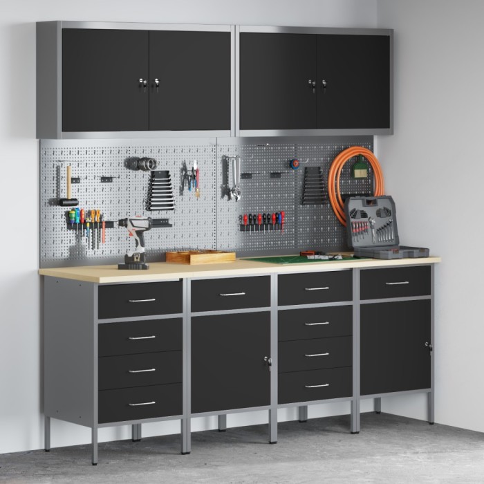 vidaXL Set dulap lucru &amp; panou c&acirc;rlige, 10 piese, negru, MDF &amp; metal