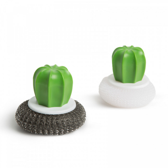 Set burete de spalat vase din fibre de otel/plastic - 2 buc. - model cactus -