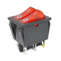 Intrerupator basculant rocker dublu, iluminat rosu, ON, OFF cu mentinere, 16A 250V AC, 32x25 mm, montaj panou, FL3-KCD3-2101-01-RR