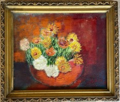 Tablou vechi / lucrare 1961, Alecu Ivan GHILIA, ulei pe carton, 35 x 30 cm, arta romaneasca, flori, pictor roman consacrat, in colectii importante