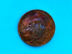 5 Centimes 1916 Franta-XF-AUNC-Patina frumoasa curcubeu-in realitate arata bine