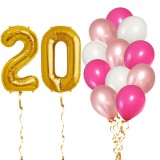 Set Baloane 20 Ani Fata Roz/Rose Gold, 14 Buc: Folie Cifre Aurii 81cm &amp; Latex 30cm - Aniversare Copii, Petrecere Ropet
