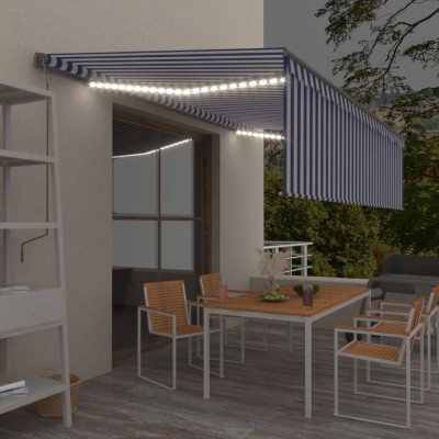 Copertină retractabilă manual cu stor&amp;amp;LED,albastru&amp;amp;alb, 5x3 m foto