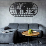 Decoratiune de perete, World Map Globe, Metal, Dimensiune: 60 x 120 cm, Negru, Bystag