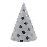 Set 6 coifuri metalizate, flippy, pentru petrecere, tematica aniversare, model buline, 20 cm, argintiu