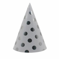 Set 6 coifuri metalizate, flippy, pentru petrecere, tematica aniversare, model buline, 20 cm, argintiu
