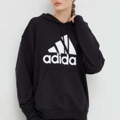 Adidas hanorac de bumbac femei, culoarea negru, cu glugă, cu imprimeu