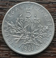 (A778) MONEDA DIN ARGINT FRANTA - 5 FRANCS FRANCI 1961, SEMANATOAREA, 12 GRAME foto