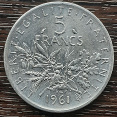 (A778) MONEDA DIN ARGINT FRANTA - 5 FRANCS FRANCI 1961, SEMANATOAREA, 12 GRAME