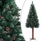 Pom Crăciun artificial subțire, lemn și zăpadă, verde, 150 cm