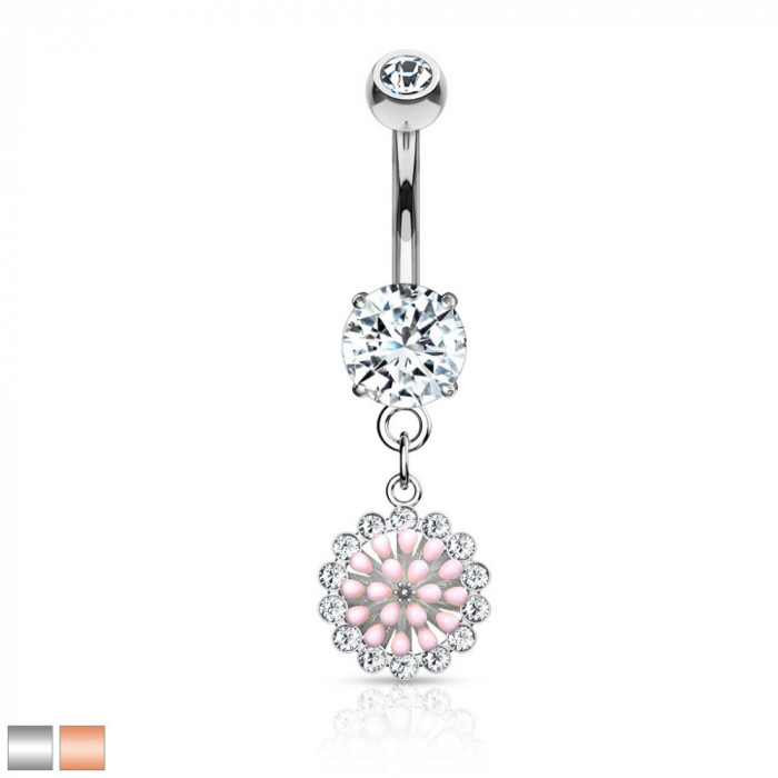 Piercing pentru buric, din oțel 316L, placat cu rodiu &ndash; zircon mare rotund, pandantiv cu flori - Culoare: Argintiu