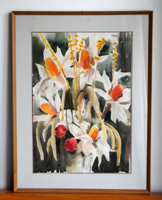 Orhidee - acuarela originala, tablou cu passepartout inramat 54 x 41,5 cm foto