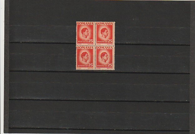 RO - 1945 LP 188 MIHAI I VAL 25 LEI BLOC DE 4 TIMBRE EROARE DANTELATURA DR. MNH