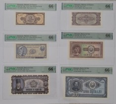 Set bancnote anul 1952, UNC, gradate PMG 66 EPQ - raritate (1 leu 1952, 3 lei 1952, 5 lei 1952, 10 lei 1952, 25 lei 1952, 100 lei 1952)
