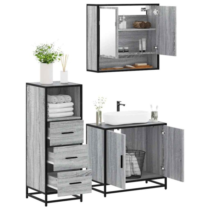 vidaXL Set mobilier de baie, 3 piese, gri sonoma, lemn prelucrat 3301038